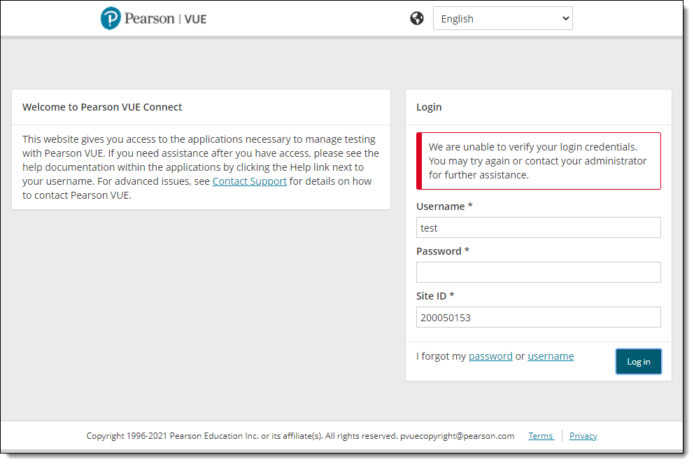 Unable to verify login credentials message.